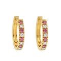 Adorable 9K yellow gold ladies hoop earrings featuring alternating pink natural round cut  rubies and glistening diamonds.