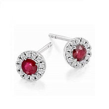 Load image into Gallery viewer, 9K Gold Ruby &amp; Round Brilliant Cut Diamond Ladies Stud Earrings - Pobjoy Diamonds