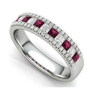 Red Ruby Squares & Diamond Cocktail Ring Channel Set