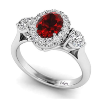 Load image into Gallery viewer, Platinum Oval Red Ruby &amp; Diamond Trilogy Ring - Pobjoy Diamonds