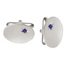 Load image into Gallery viewer, Sterling Silver Oval Gents Cufflinks With Blue Sapphire Stone From Pobjoy.