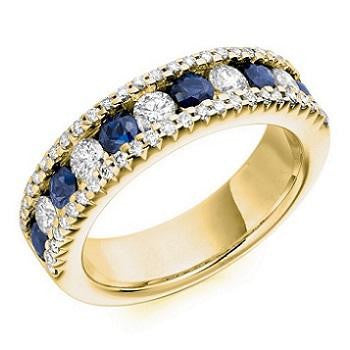18K Yellow Gold Blue Sapphire & Diamond Half Eternity Ring 1.65 CTW - Pobjoy Diamonds