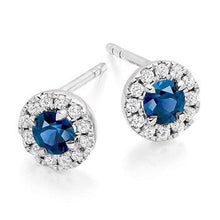 Load image into Gallery viewer, Blue Sapphire &amp; Round Brilliant Cut Diamond Ladies Stud Earrings 950 Palladium - Pobjoy Diamonds