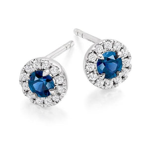 Blue Sapphire & Round Brilliant Cut Diamond Ladies Stud Earrings 18K White Gold - Pobjoy Diamonds