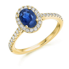Load image into Gallery viewer, 18K Gold Blue Sapphire &amp; Halo Diamond Ring  0.65 CTW - Pobjoy Diamonds