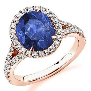 18K Rose Gold Oval Cut Blue Sapphire & Diamond Halo Ring - 4.85 CTW - Pobjoy Diamonds