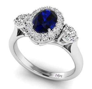 Platinum Oval Blue Sapphire & Diamond Trilogy Ring - Pobjoy Diamonds