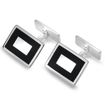 925 Sterling Silver & Black Onyx Rectangular Cufflinks - Pobjoy Diamonds