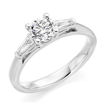 18K White Gold Round Cut Solitaire Ring With Baguettes 0.66 CTW - G/Si1 - Pobjoy Diamonds