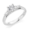 18K White Gold Round Cut Solitaire Ring With Baguettes 0.66 CTW - G/Si1 - Pobjoy Diamonds
