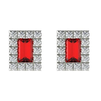 9K White Gold Ruby & Diamond Rectangle Stud Earrings