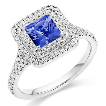 18K White Gold Tanzanite & Double Diamond Halo Ring 1.60 CTW - Pobjoy Diamonds