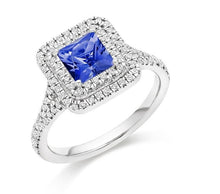 Load image into Gallery viewer, 18K White Gold Tanzanite &amp; Double Diamond Halo Ring 1.60 CTW - Pobjoy Diamonds