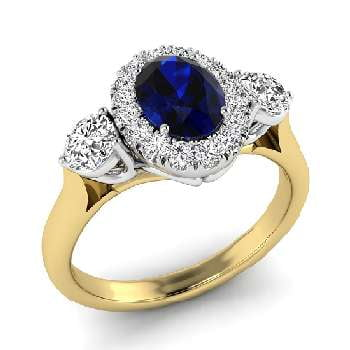 18K Yellow Gold Oval Blue Sapphire & Diamond Trilogy Ring - Pobjoy Diamonds
