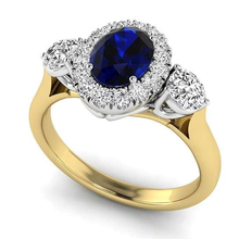 Load image into Gallery viewer, 18K Yellow Gold Oval Blue Sapphire &amp; Diamond Trilogy Ring - Pobjoy Diamonds