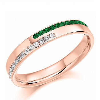 18K Gold Twin Row Emerald & Diamond Half Eternity Ring 0.35 CTW - Pobjoy Diamonds
