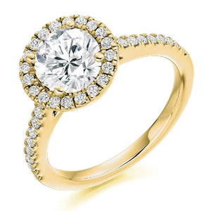 18K Yellow Gold Brilliant Round Cut 1.90 CTW Halo Diamond Ring G/VS - Pobjoy Diamonds