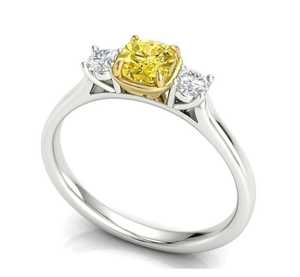 18K Gold Yellow Cushion Diamond Trilogy Engagement Ring 1.10 CTW - Pobjoy Diamonds