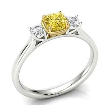 18K Gold Yellow Cushion Diamond Trilogy Engagement Ring 1.10 CTW - Pobjoy Diamonds