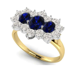 18K Yellow Gold Oval Blue Sapphire & Diamond Halo Ring - Pobjoy Diamonds