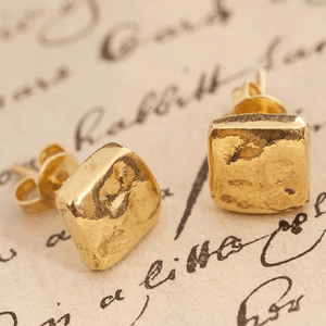 Handmade Yellow Gold On Sterling Silver Textured Square Stud Earrings